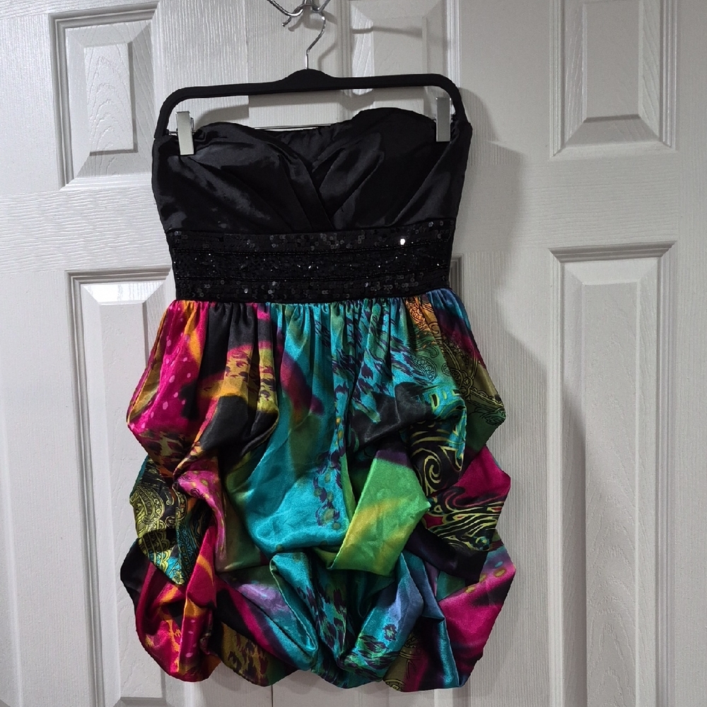 Speechless Strapless Dress with Black and Multicolor Design